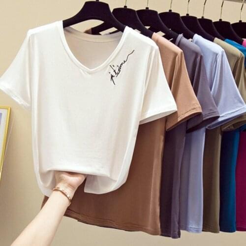 V-Neck Letter Embroidery T Shirt Women Cotton 2020 Woman Clothes T-Shirt Female Tops Ladies Summer T Shirts Tee Shirt Femme