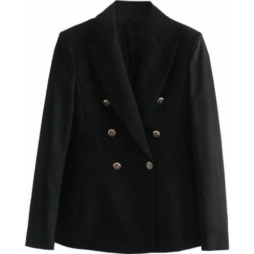 Vintage women double breasted blazer 2021 office ladies pocket jackets casual female slim suits solid black girls chic sets