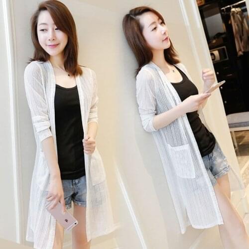 Women 2021 Summer Lace Mesh Blouse Sun Protection Sheer Long Cardigan Solid Jacket Coat Female Long-Sleeve Casual Shawl Top Y952
