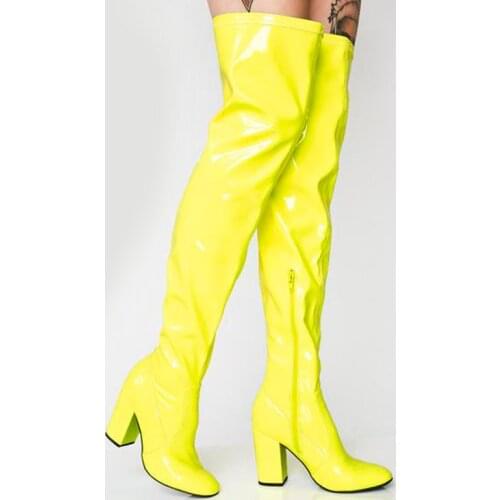 AGODOR Neon Sexy Party Shoes Woman Over The Knee Boots Girls Fancy Dress High-Heel Women Boots Bright Patent Leather Long Boots