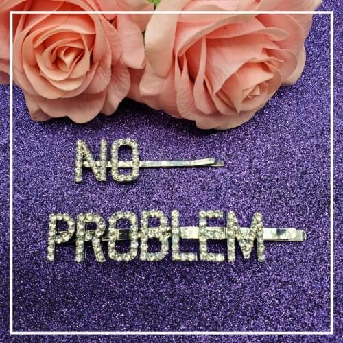Womens Luxury Glitter Crystal Bobby Pins Funny Saying Words Hair Clips "NO PROBLEM" 2pcs/Set Hair Side Party Styling Accessories