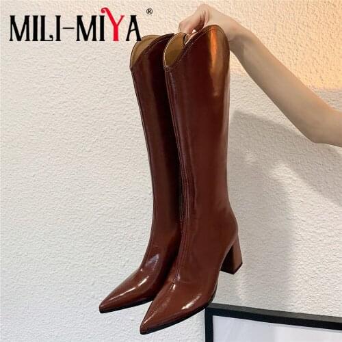 MILI-MIYA Fashion Pointed Toe Women Full Genuine Leather Knee High Boots Thick Heels Zippers High Quality Street Shoes For Ladie
