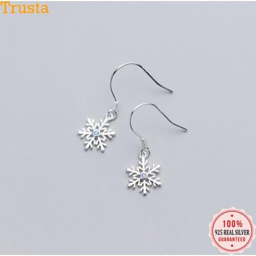 Trustdavis 100% 925 Solid Real Sterling Silver Snowflake Blue CZ Dangle Earrings For Women Girl Lady Xmas Gift DA339