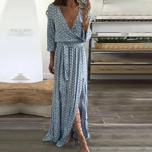 Women V Neck Long Sleeve Elegant Dress Plaid Printing Beach Split Dress With Belt Spring Summer Casual Sexy Irregular Dresses