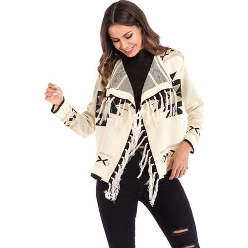 2018 Geometric Pattern Turn Collar Women Knit Cardigan Long Sleeves Fashion Casual Two Colors Tassels Elegance Inverness Coat