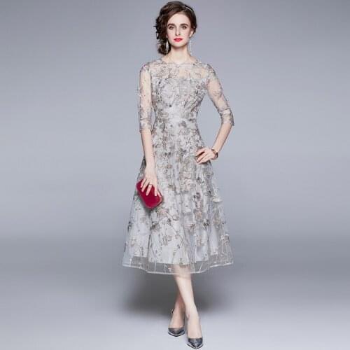 2021 Autumn New Elegant Dress Refined Handmade Lace Mini Dress O-Neck Office Lady Chiffon Mid-Calf Embroidery French Party Dress