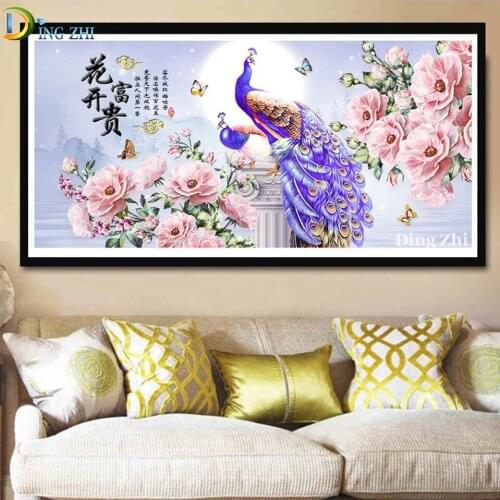 Chinese Style Peony Flower 5D Diamond Painting Animal Peafowl Cross Stitch Diy Full Square Round Drill Mosaic Embroidery Decor