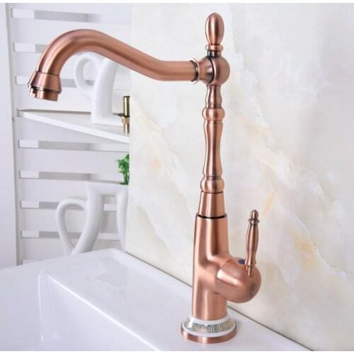 Red Copper Antique Kitchen Faucets Bathroom Basin Faucet Swivel Spout Single Handle Hot And Cold Water Faucets Lnf627