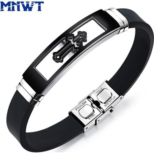 MNWT Silicone Stainless Steel Cross Bracelet Bangle For Men Fashion Punk Wristband Masculine Jewelry Gifts Pulseira Masculina