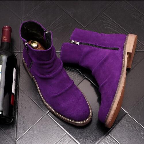 ERRFC Designer Fashion Men Motorcycle Boots Purple Pleated Black Short Mid Calf Man Boots Leisure Winter Chic Shoes Size 38-43