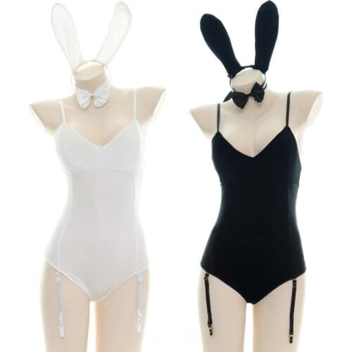 Women Lovely Sexy Party Club Costume Bra Shape Backless Rabbit Body Suits Sex Skirt Bunny Tail Strapless Satin Bodysuits Cosplay