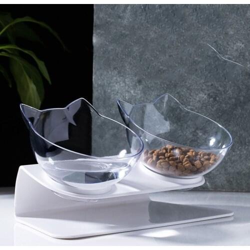 Double Bowl Cat bowl cat and dog bowl transparent AS material non-slip food pot belt to protect the neck transparent cat