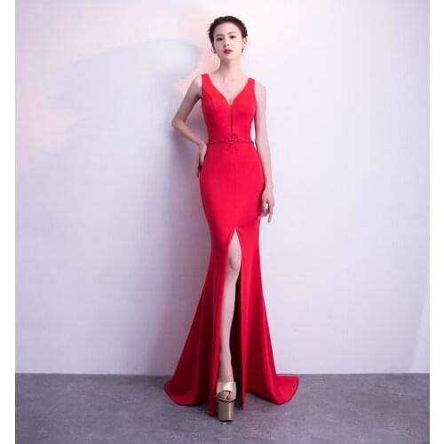Elegant beading sashes evening dresses red slit formal Dress stretch fabric prom gown sexy homecoming Dresses vestido de festa