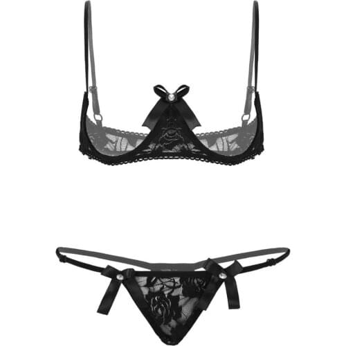 Womens Lace Exotic Lingerie Set Sexy Underwear Spaghetti Straps Bare Exposed Breasts Underwired Shelf Open Cup Bra with G-string