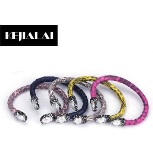 KEJIALAI Original Bohemian Jewelry Real Snake Leather Genuis Snakeskin Two Pearls Beads Paved with Rhinestone Fashion Women Gift