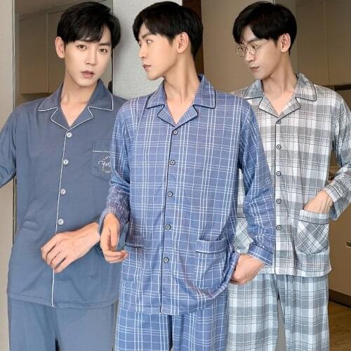 2021 Autumn Long Sleeve Casual Plaid Pajama Sets for Men Korean Cardigan Sleepwear Suit Pyjama Male Lounge Homewear Home Clothes