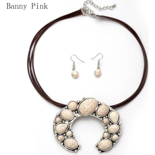 Bohemia Synthetic Stone Pendant Choker Necklace Earrings Ethnic Pendant Rope Chain Choker Collar Fashion Jewelry Collier Colar