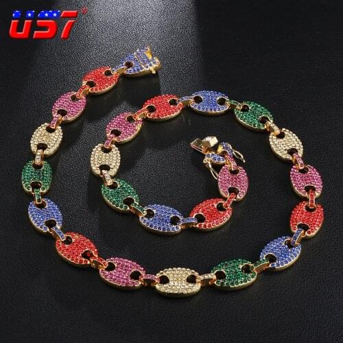 US7 Iced Out Colorful Coffee Bean Link Chain Necklace Bling Rhinestone Necklaces for Men Hip Hop Jewelry