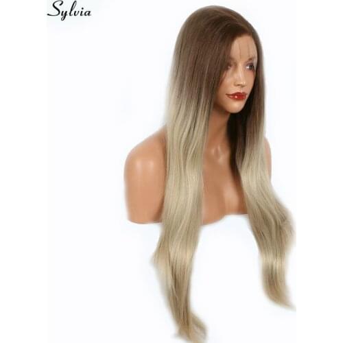 Sylvia Natural Brown Wig Ombre Blonde Two Tone Straight Long Synthetic Hair Free Part Natural Hairline Handmade Lace Front Wigs