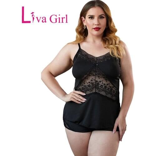 LIVA GIRL Plus Size Spaghetti Straps Lace Insert Pajamas Set Woman Red/Black Sexy Night Sleepwear Female Sleep Loungewear 5XL
