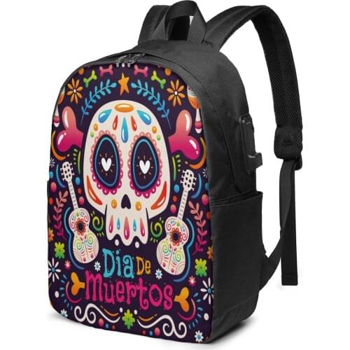 Teenage Backpack for School Boy Girl Hand Drawn Dia De Muertos School Bag USB Charging Bookbag