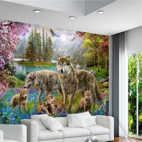 Custom 3d wallpaper gray wolf dogs modern beautiful peach blossom wallpaper non-woven 3d wallpaper walls