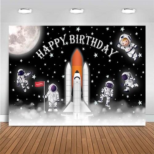 Space Theme Happy Birthday Backdrop Spacecraft Astronaut Moon Star Kids Birthday Decor Banner Photo Background for Photo Studio