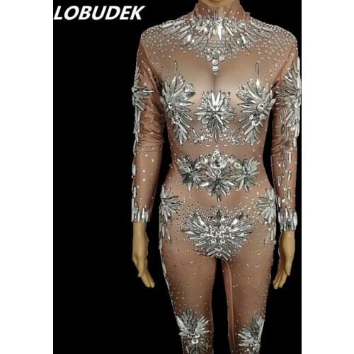 Sexy Skin Color Big Glass Crystals Jumpsuit Leotard Rhinestones Rompers Lady Nightclub DJ Singer Bar Party Stage Wear DS Costume