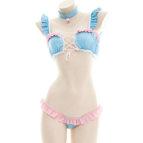 Sexy Cute Anime Cosplay Halloween Costumes for Women Girls Lolita Fairy Bikini Bra and Panty Set Underwear Neck Ring Blue Pink