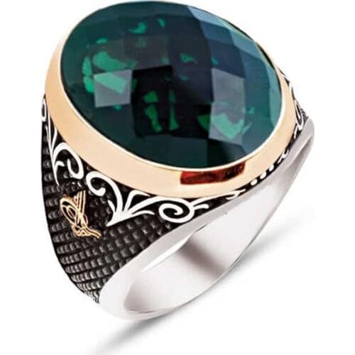 Silver Custom Cut Bevel Zircon Cubic Zirconia Tuğralı Male Ring