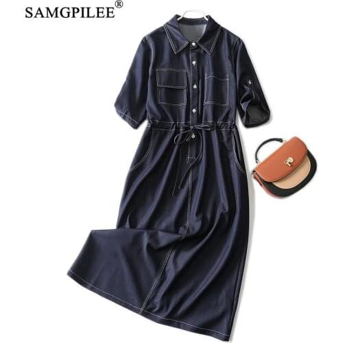 Light Luxury Denim Retro Women Dress 2021 New Over-the-knee Single-breasted Turn Down Collar Short-sleeved Belted Dresses 4XL
