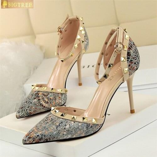 Women Shoes Pointed Toe Pumps Pointed Hollow metal rivet Word band 9CM thin High Heels Boat Wedding Dress Office Shoes