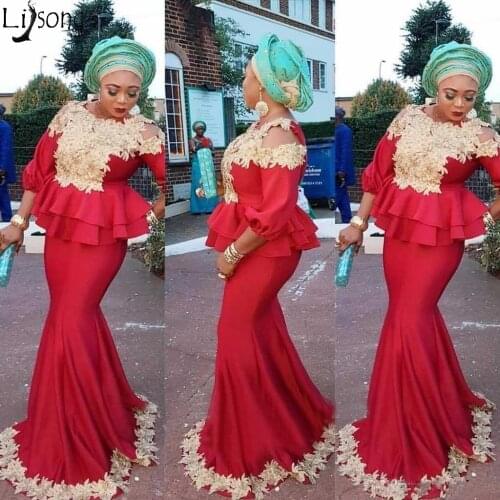 Elegant African Dubai Red Mermaid Evening Dress Jewel Neck Gold Appliques 3/4 Long Sleeves Peplum Arabic Formal Dress Prom Gowns
