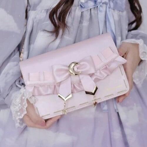 Japanese Sweet Lolita Handbag Cute Bowknot Pearl Chain Kawaii Girl Bag Loli Cosplay Gothic Lolita Coin Purse Shoulder Crossbody