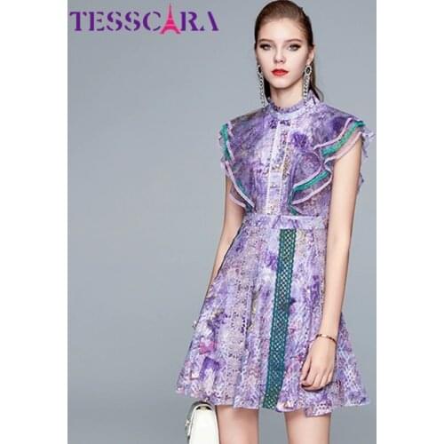TESSCARA Women Summer Elegant Mesh Dress Festa High Quality Purple Wedding Party Robe Femme Runway Mesh Designer Short Vestidos