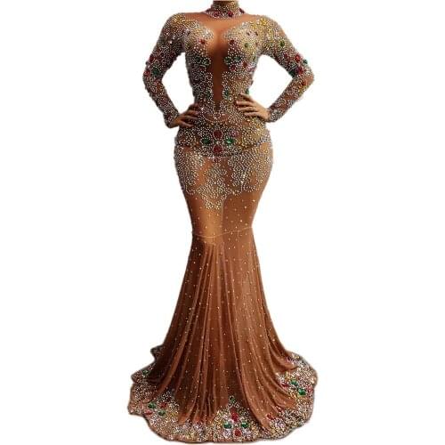 Top Multi-color Flashing Rhinestones Transparent Long Dress Women Birthday Celebrate Mermaid Dress Prom Dance Outfit Dress