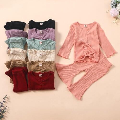 2021 Baby Girl Clothes Set Solid Color Bell Bottom Tops+ Pants Toddler Girl Spring Outfit Kids Boutique Clothing Wholesale