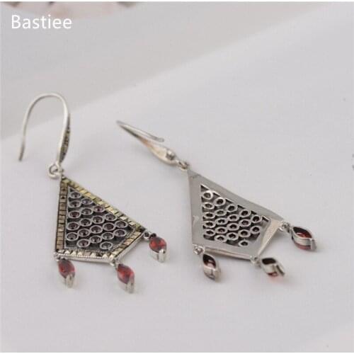 Bastiee Silver 925 Jewelry 925 Sterling Silver Earrings Dangle Earrings Vintage Inlaid Jade Korean Earrings Silver