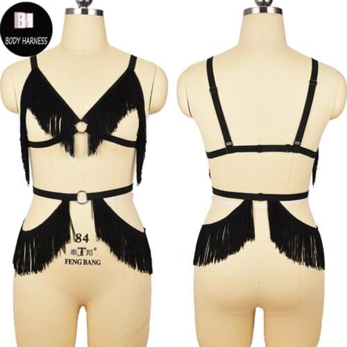 Tassels Fringe Waterfall body harness Halter Bra sexy lingerie Black tassel belt Burlesque Harness Frame harness Bra