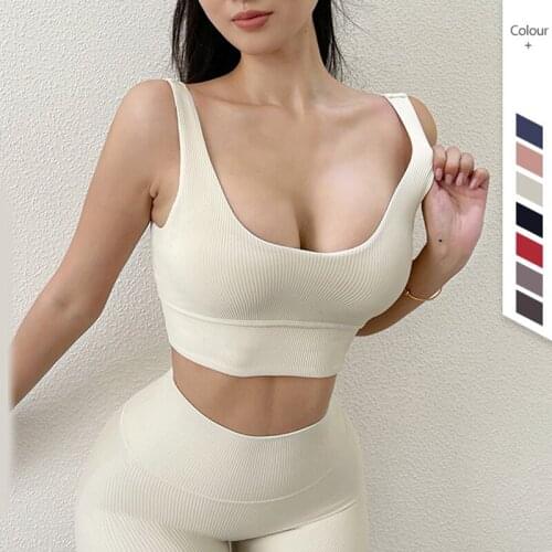 Ribbing V-neck Sexy Sports Bra For Women Gym Shockproof Gathered Yoga Bra Fitness Running Sport Crop Tops Push Up Bra Plus Size