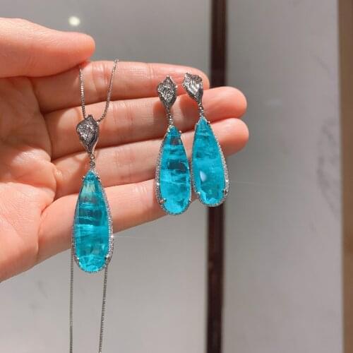 QTT Paraiba Tourmaline Gemston Jewelry Set Engagement Necklace Earring for Bridal Wedding Jewelry Valentines Day Silver Gift