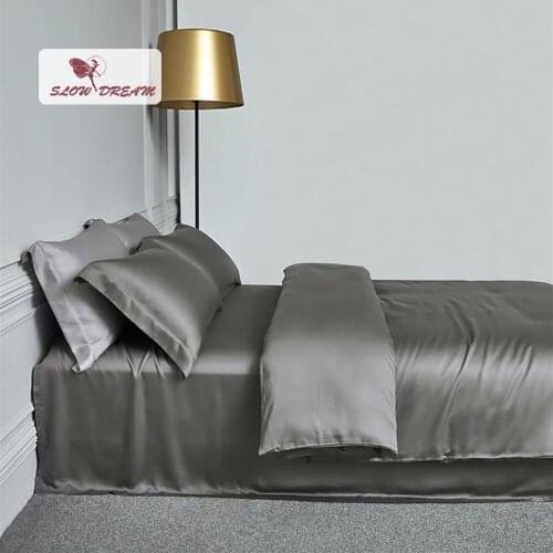 SlowDream Premium Quality 100% Silk Dark Gray Bedding Set Healthy Silk Duvet Cover Set Flat Sheet Pillwocase Queen King Bed Set