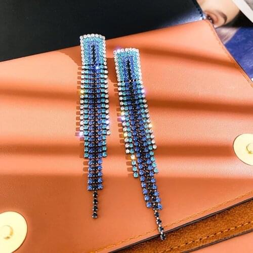 Korean Fashion Long Tassel Full Crystal Rhinestone Drop Earrings for Women Bridal Dangling Earrings Brincos Wedding Jewelry