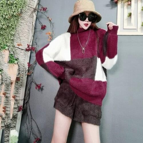 Elastic waist shorts suit women 2021 autumn winter new mohair half turtleneck sweater fashion two-piece female s141