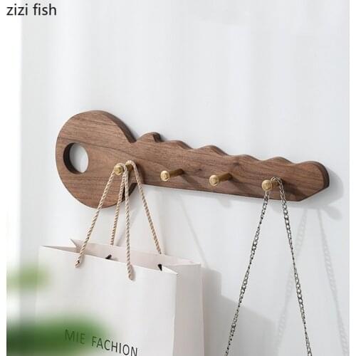 Black Walnut Maple Key Shape Hook Home Living Room Brass Wooden Key Decorative Hook Wall Hanging Towel Rack Wall Storage Shelf