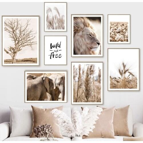 Lion Elephant Cotton Dry Tree Reed Wheat Beige Wall Art Prints Canvas Painting Nordic Poster Wall Pictures For Living Room Decor