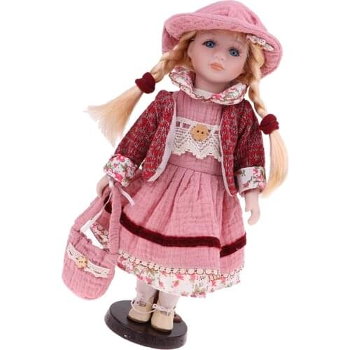30cm Lovely Porcelain Girl Doll with Clothes Pink & Stand Home Display Decor Gift Porcelain Baby Figurines Dolls Collectible