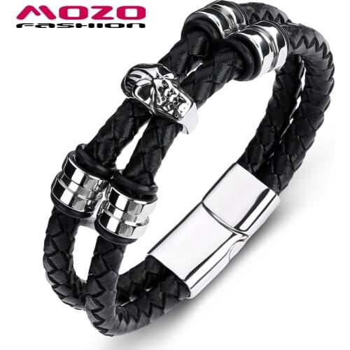 Fashion Men Bracelet Black Double Circle Leather Skeleton Stainless Steel Magnet Buckle Bangles Skull Jewelry PS2099