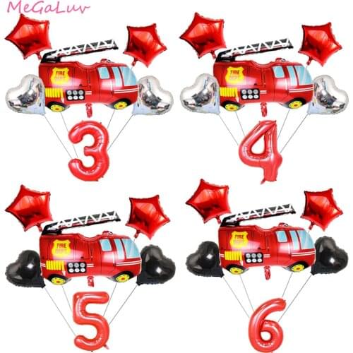 6x Fire Truck Foil Number Balloons Set Fireman Firefighter Themed Birthday Party Decorations Kids Ball Baby Shower Decor Globos