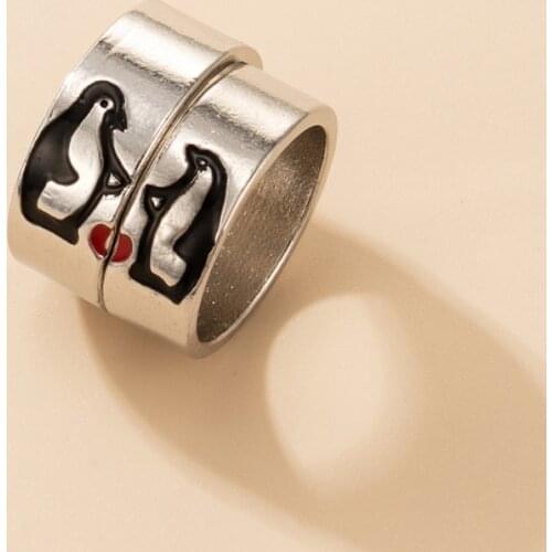 Tocona 2pcs/sets Lovely Penguin Couple Ring Sets for Women Men New Trendy Heart Silver Color Alloy Metal Wedding Jewelry 20252